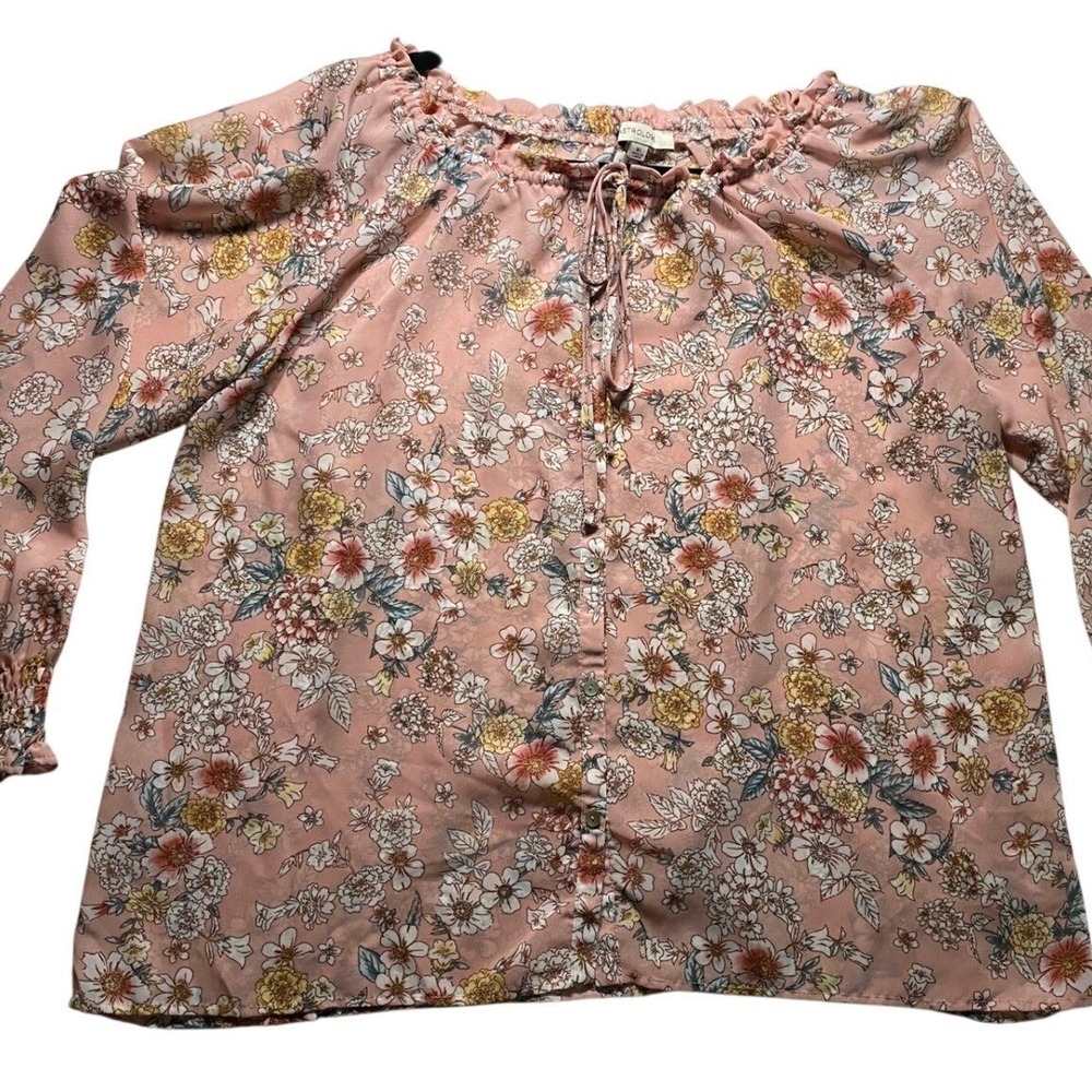 Astrologie Pink‎ Floral Peasant Blouse XL Button Front Smocked Cuff Ruffle Neck